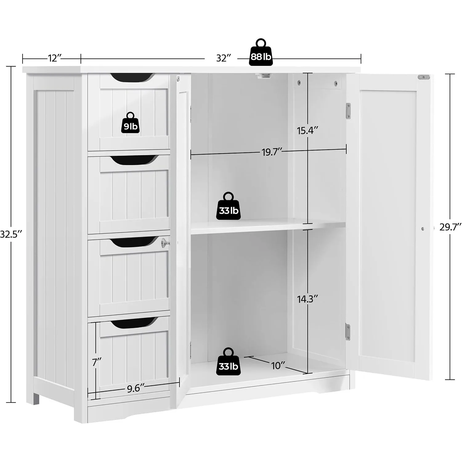 Wooden Bathroom Floor Cabinet, Side Storage Organizer Cabinet with 4 Drawers & Double Doors, Customized view 3