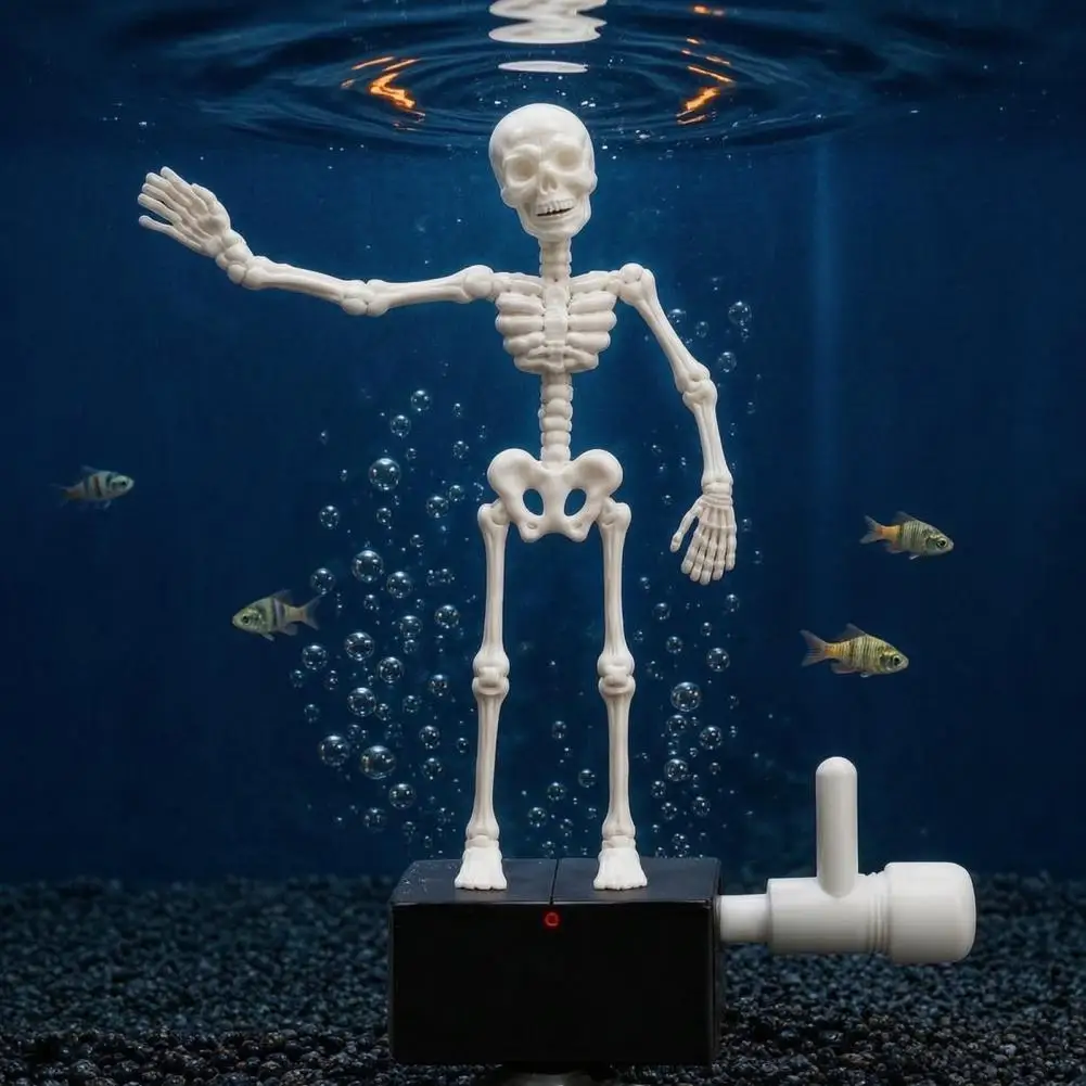 Flexible Jointed Skeleton Halloween Aquarium Decorations Halloween Aquarium Dancing Skeleton Ornament Bubble-driven Moving