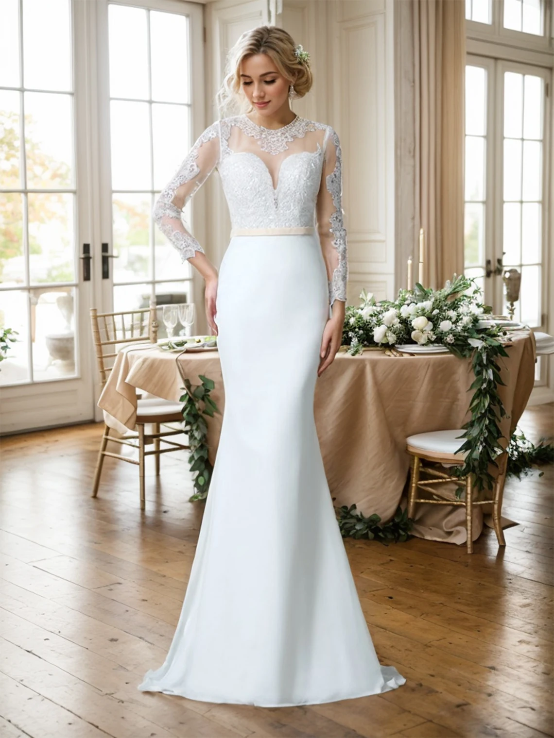 

Elegant Sexy Mermaid Church Wedding Dress Lace Appliques Long Sleeve Illusion Neckline Chiffon Bridal Gown 2025 Free Customized