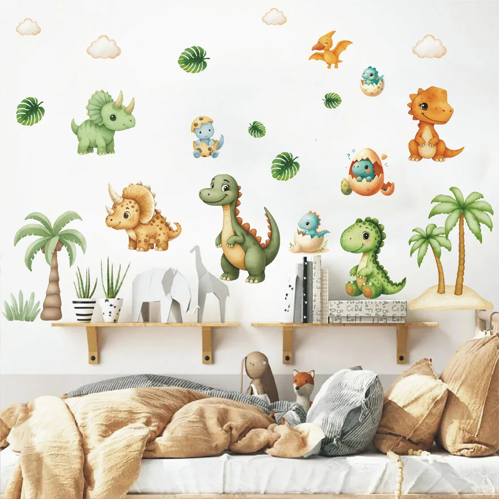 Wasserfarben-Dinosaurier und Palmen Wandaufkleber, Dino-Ei-Wald Wandtattoos für Schlafzimmer, Spielzimmer und Heimdekoration