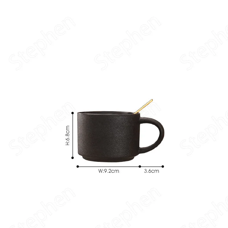 European Style Black Frosted Ceramic Coffee Cup with Wood Tray Cafe Restaurant Black Mugs Spoon Gold Decal Couple Cups Drinking