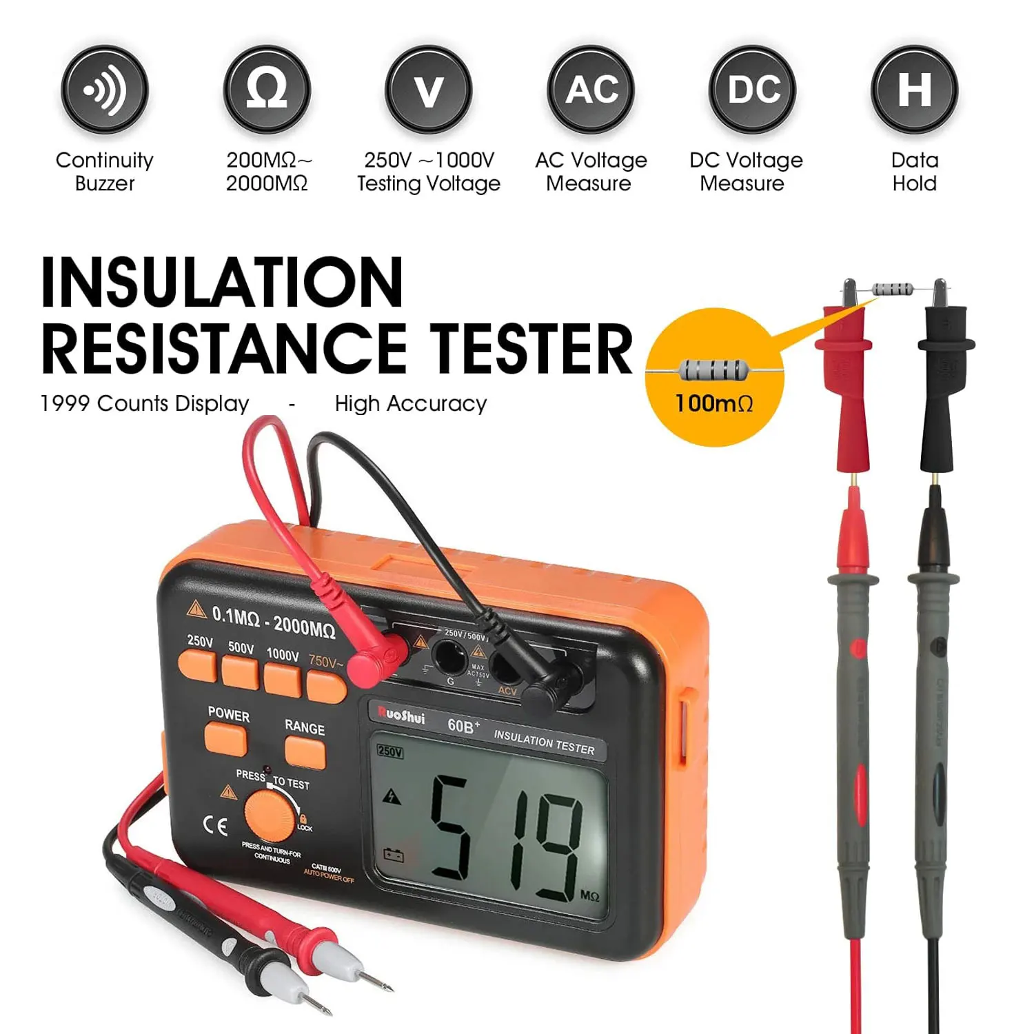 Megohmmeter 1000V Insulation Resistance Tester Electrical Megaohm Meter 20MΩ~2K Megohm Megger 250V/500V/1000V Testing Voltage