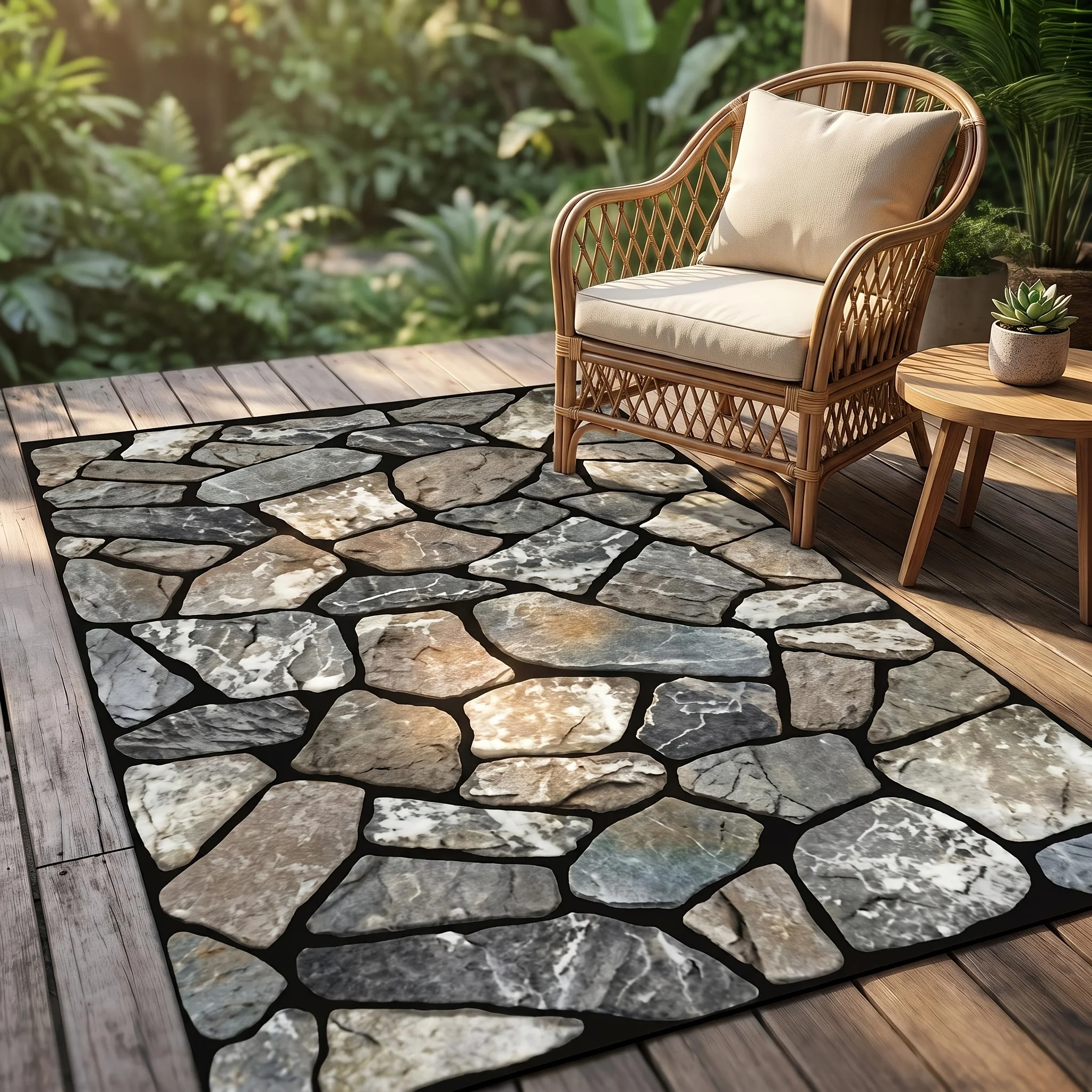 1‑Piece 2D Printed Gray Stone Pattern Rug, Easy‑Clean Machine Washable Floor Mat for Patio, Living Room, Bedroom, Camping