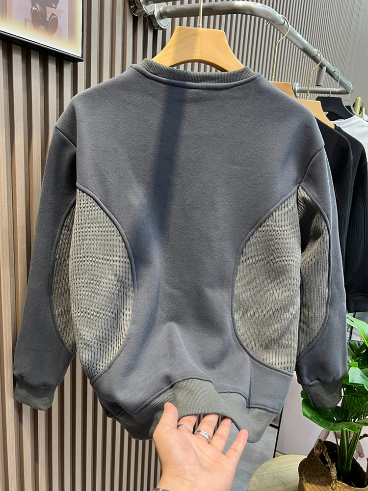 Men Autumn Winter Warm Velvet Sweatshirt Casual Long Sleeve Solid Loose All-match Simplicity Thickened Lined Sweater Top