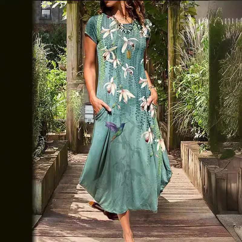 

Spring Summer New Dress Color Printed Women's Mid Length Dress Round Neck Comfortable Casual Short Sleeved Dress
