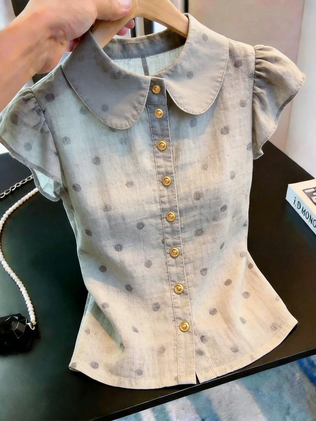

Chic Polka Dot Collar Shirt Women's New Style Summer Vintage Simple Small Top Breathable Skin-Friendly Regular Sleeve Length