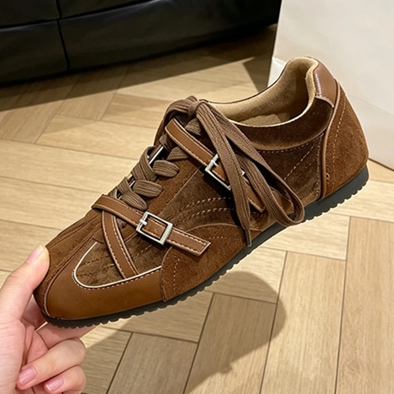 AIYUQI 2026 New Women Retro Cross Buckle Casual Sneakers Lace Up Soft Sole Training Walking Shoes Fashion Flat Ladies Footwear