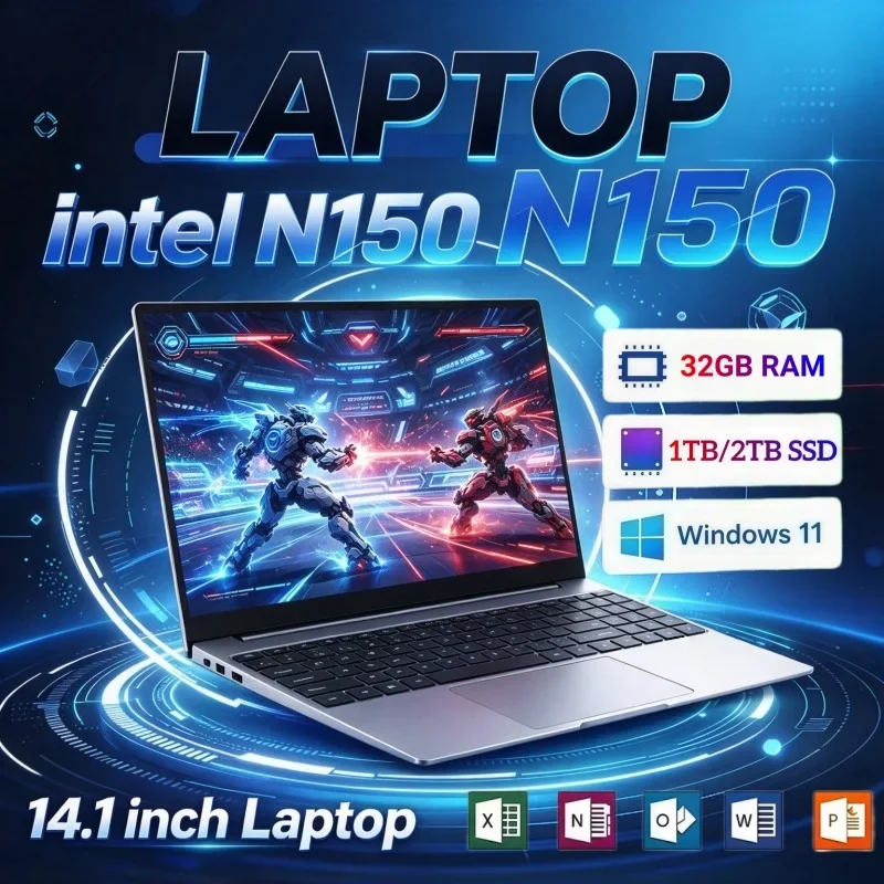 14.1 Inch HD Intel N150 Ultra-thin Portable Laptop 2026 Laptop Windows11 1/2TB Large SSD 16GB/32GB RAM