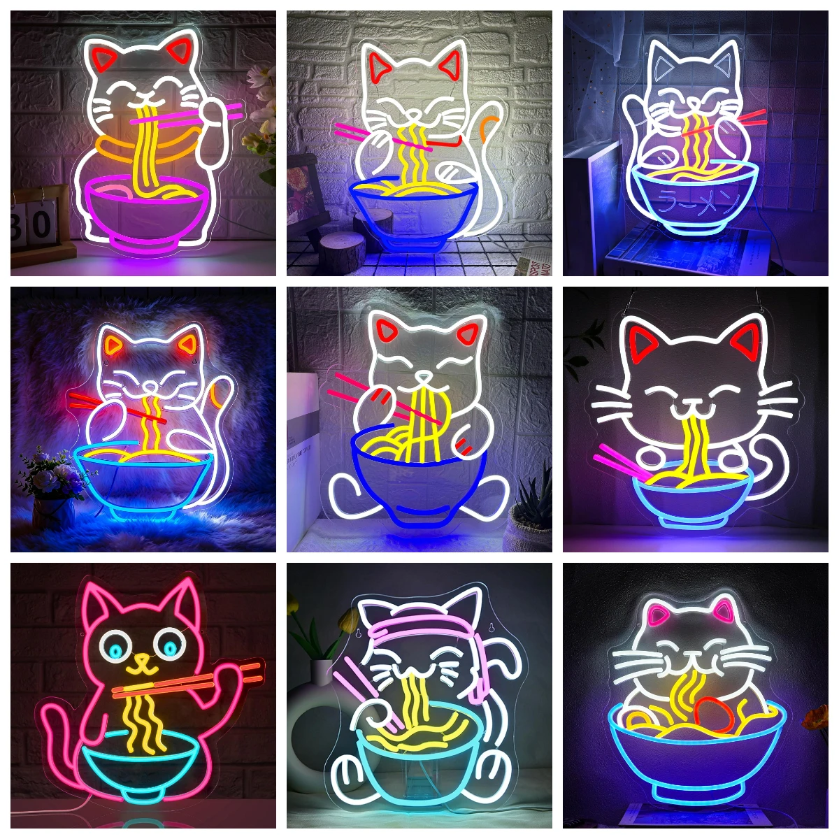 

Fortune Cat Ramen Neon Sign Dimmable Japanese Noodles Led Neon Lights for Noddles Resturant Business Kitchen Dining Store Home