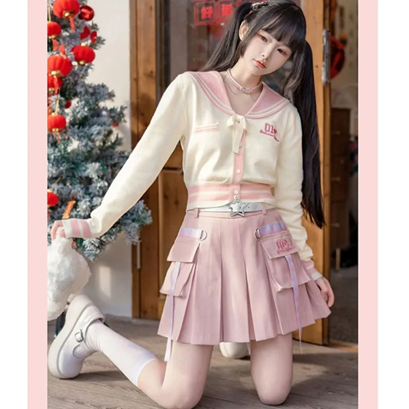 初音ミク-ピンク-コスプレ衣装-桜-本物の共同ブランド-カレッジスタイル-ニットトップ-スカート-プリント-jk-パフォーマンススーツ-ガールズ