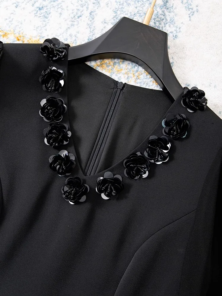 ZJYT Nowa moda Damskie sukienki wiosenne z długim rękawem Frezowanie V Szyja Biały Czarny Casual Krótka sukienka imprezowa Odzież damska Vestidos