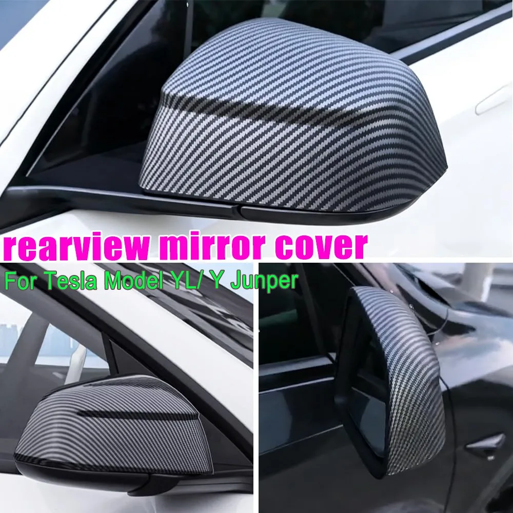 2PCS ABS Black Carbon Fiber Rearview Mirror Cover for Tesla Model Y Juniper / YL No Damage Easy Install Protective Trim