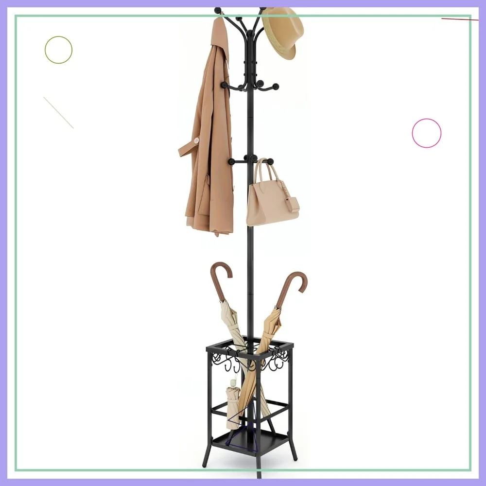 

Freestanding Coat Rack with Umbrella Holder, 12 Hooks Metal Stand for Entryway, Home Office Hat Rack in Black