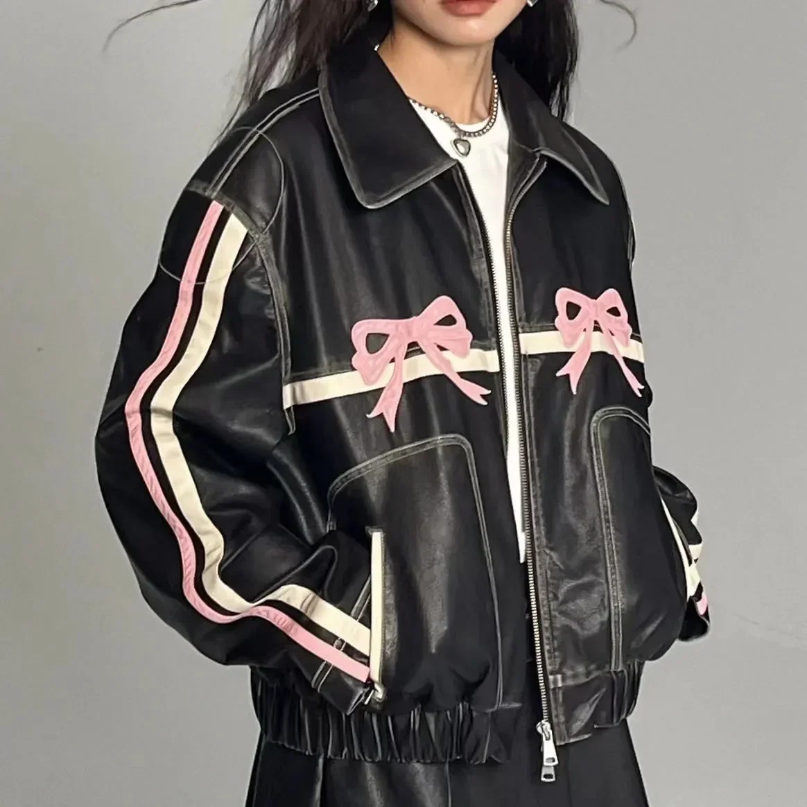 Pink White Striped Coat Street Wear Korean Y2k Clothes Fashion Casual Coat Sweet And Cool Bow Retro Black Leather Coat Woman