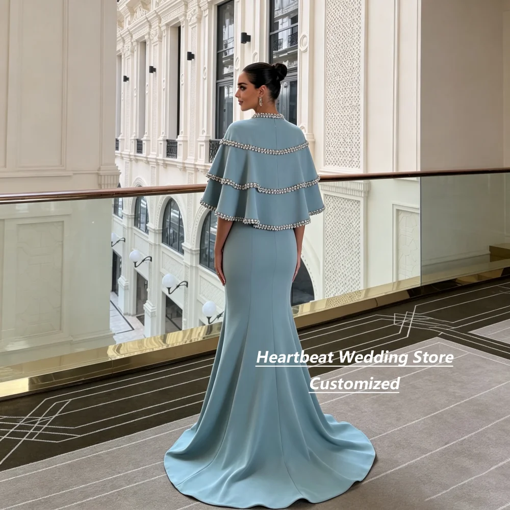 Customized Rhinestone Cape Dusty Blue Mermaid Evening Dress Keyhole Neck Long Train For Wedding Guest Prom Party Occasion