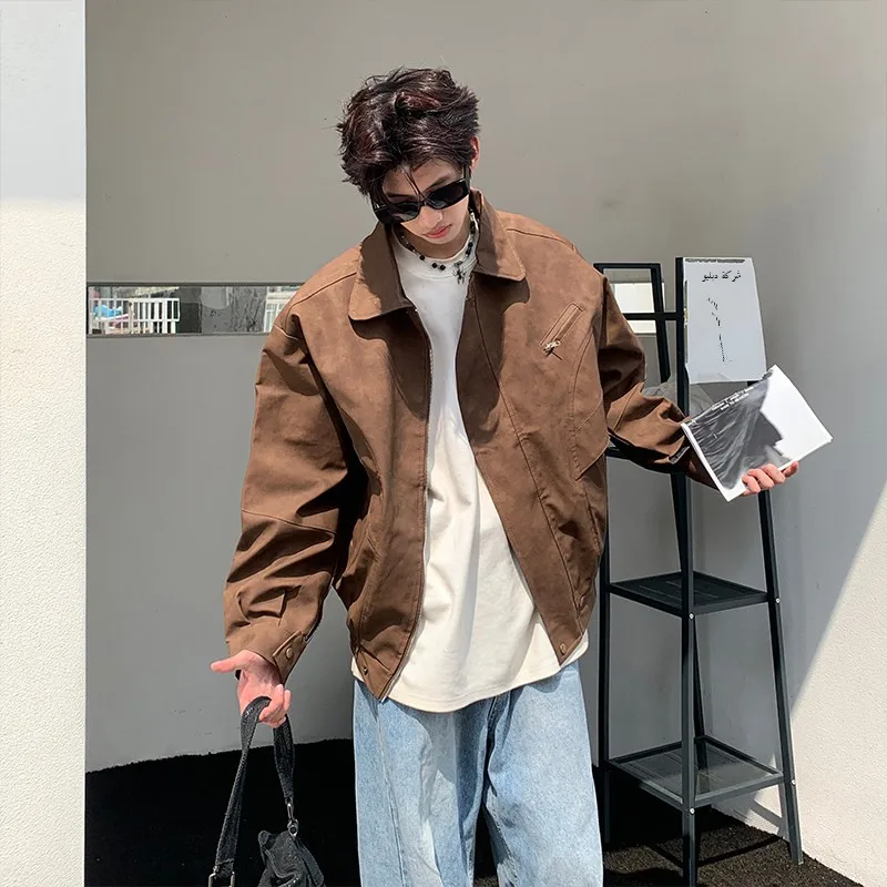 

Brown American Vintage Motorcycle Pilot Jaet Men's Spring Autumn Loose Fit Anti-Wrinkle Polyester Casual Sle Windproof