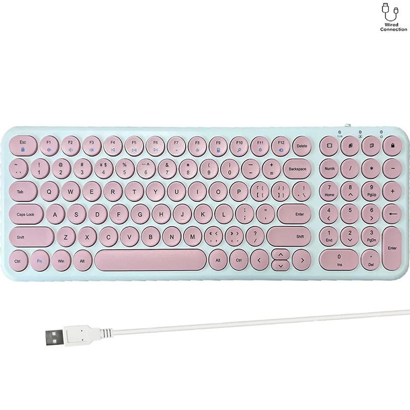 Ergonomic Silent Wired Keyboard 100 key Retro Round Typewriter Keyboard USB Plug and Play Wired Keyboard for Laptop/Desktop-Pink