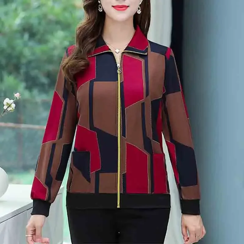 

Autumn Winter New Short Coat Middle-aged Elderly Women Print Lapel Zippered Pocket Thin Long Sleeve Loosed Versatile Jacket Top