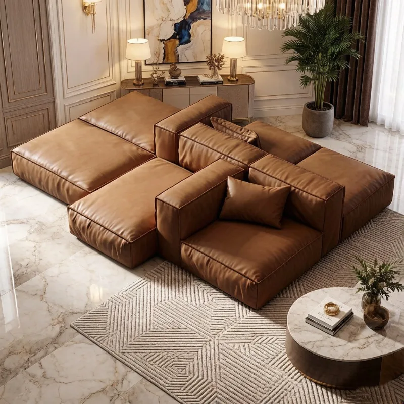 Italian minimalist tofu sofa, large flat leather island sofa