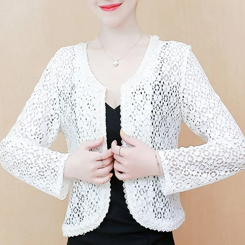 Coats And Jackets Women Long Sleeve Black White Jacket Beading Hollow Lace Jacket Women    Jacket Coat Women D106