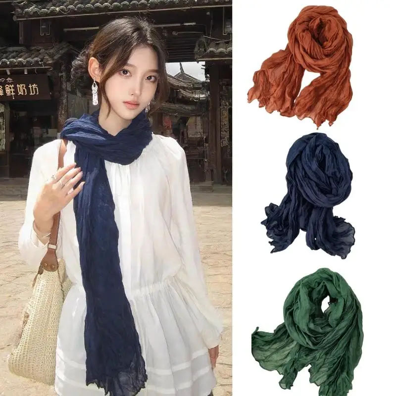 

Solid Color Scarf Retro Autumn Winter New Pleated Scarf Retro Bohemian Style Long Wraps Neck Warmer Ethnic Style Accessory