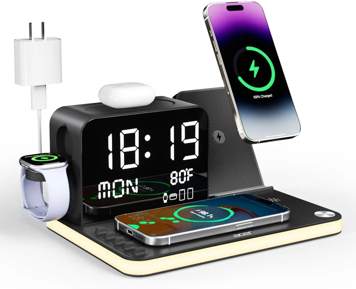 

Беспроводная зарядная станция 7-в-1 для iPhone, Apple Watch, AirPods — быстрое зарядное устройство для нескольких устройств с синхронизацией времени по Bluetooth