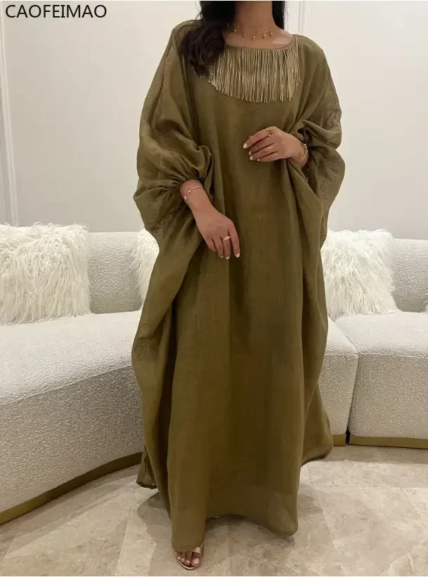 Vintage Cotton Linen Fashion Loose Long Dress Women Casual Lantern Sleeve Pullover Dress Elegant Tassel O Neck Female Maxi Dress