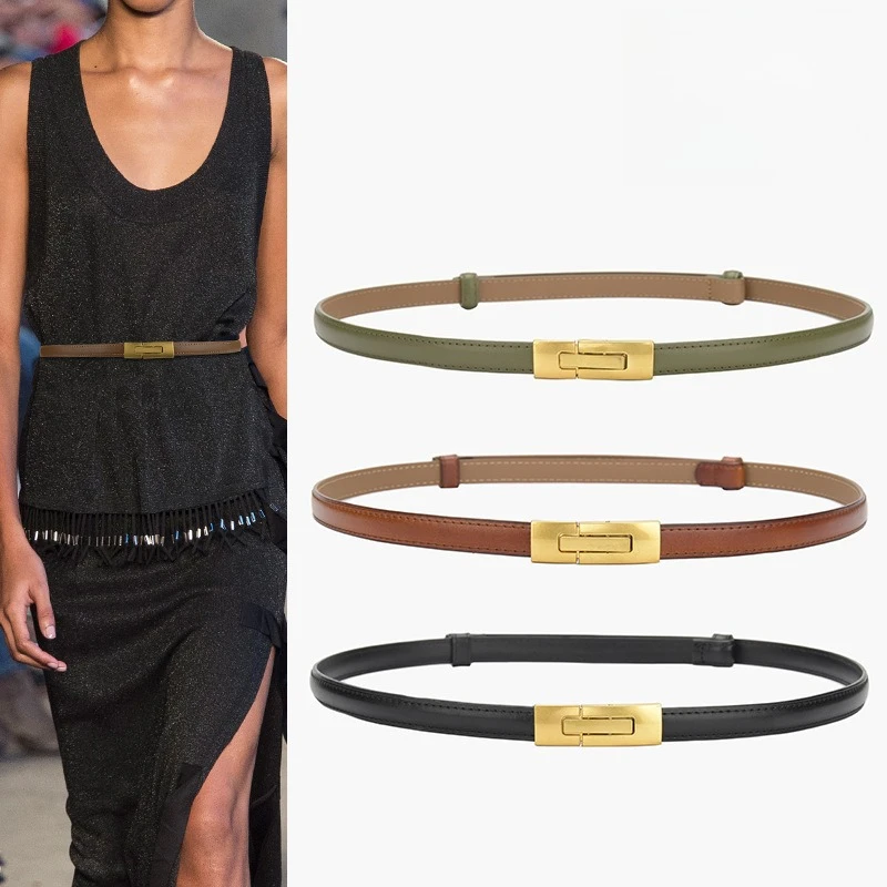 Genuine leather thin belt women's versatile adjustable buckle belt women's decorative dress small belt women's style
