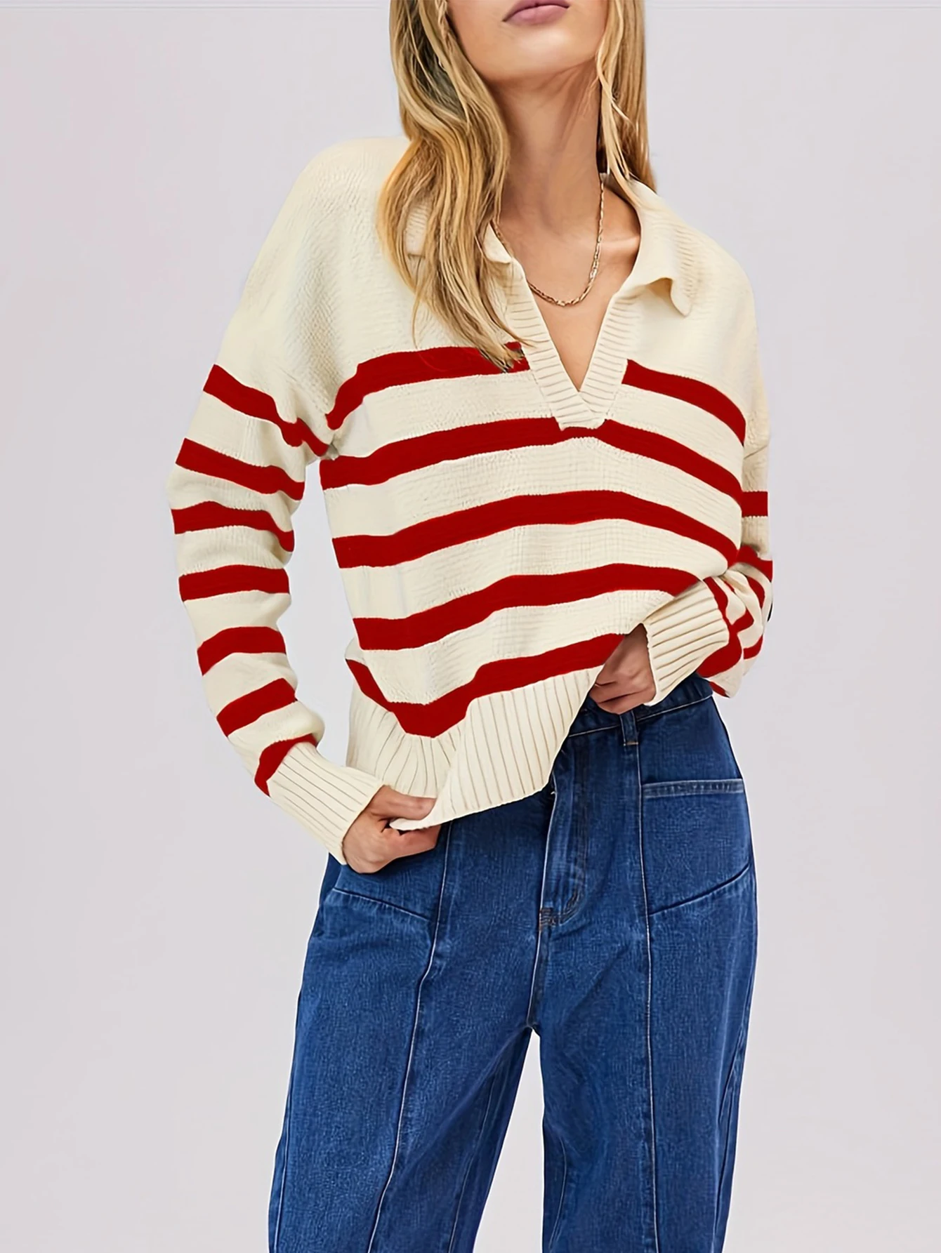 

Women's Long Sleeve V-Neck Sweaters Autumn Winter Fashion Comfortable Stripes Minimalism Daily Wear Style