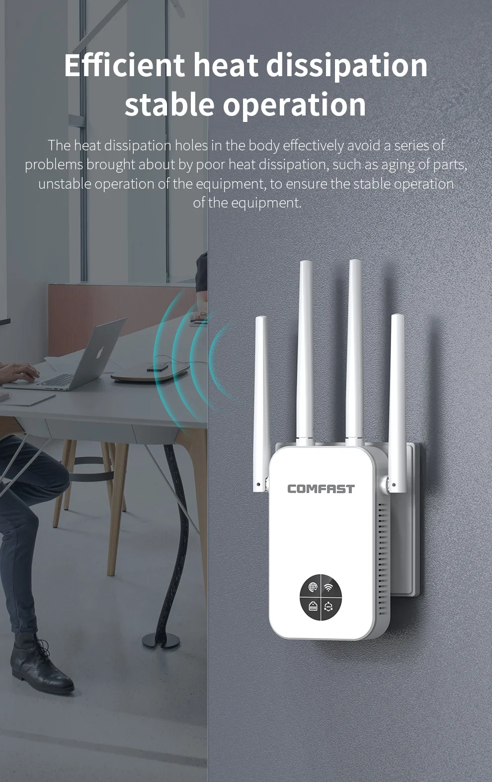 COMFAST 1200Mbps OLED Display WiFi Extender Dual Band 2.4G&5GHz Wireless Repeater 4*3dBi Antennas Wi-Fi Range Signal Amplifier