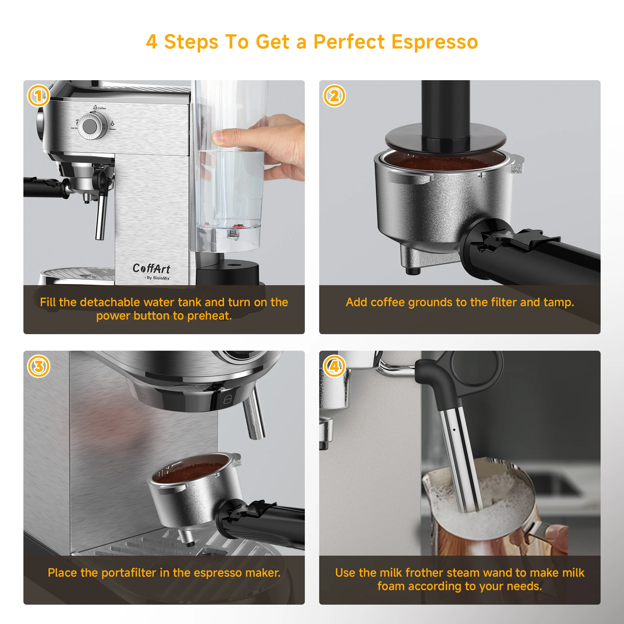 BioloMix Máquina de café en polvo semiautomática de acero inoxidable de 20 bares, con varita para espumar leche a vapor, para café expreso, capuchino