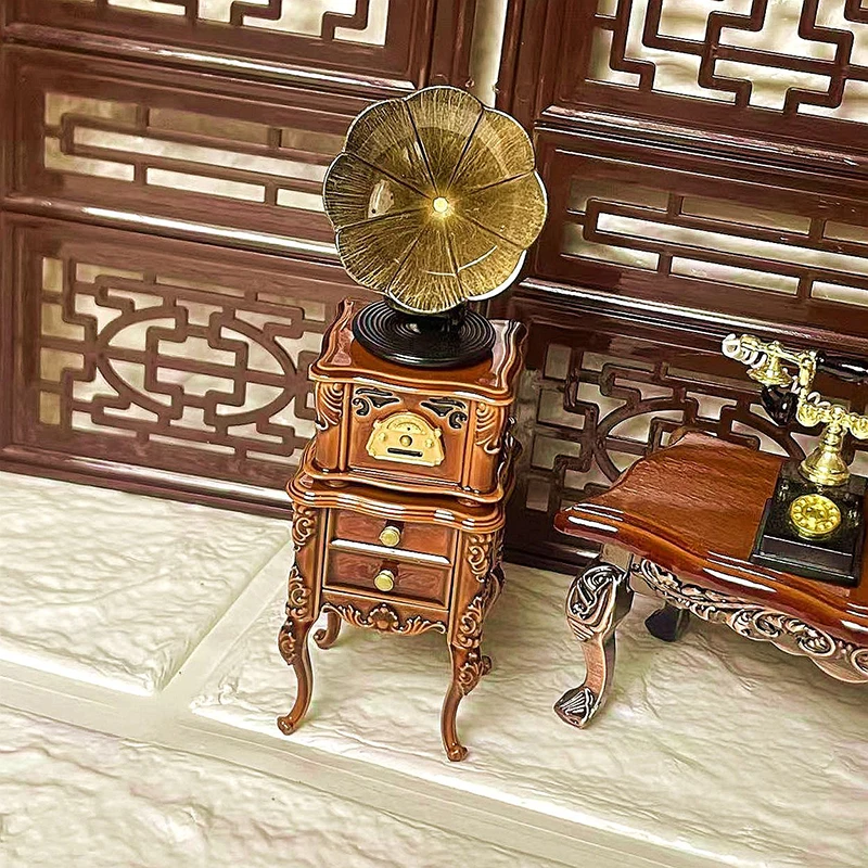 2Pcs/set 1:12 Dollhouse Miniature Retro Mini Phonograph Cabinet Set Can Play Songs Doll Home Living Room Furniture Decor Toy