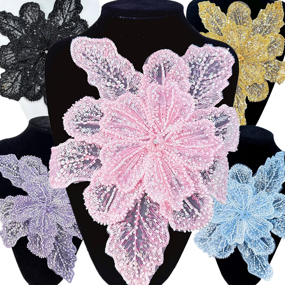 

28x30cm Large 3D Embroidery Sequin Flower Sew on Patches Crystal Studded For Wedding Dress Headwear DIY Tulle Fabric Accessories