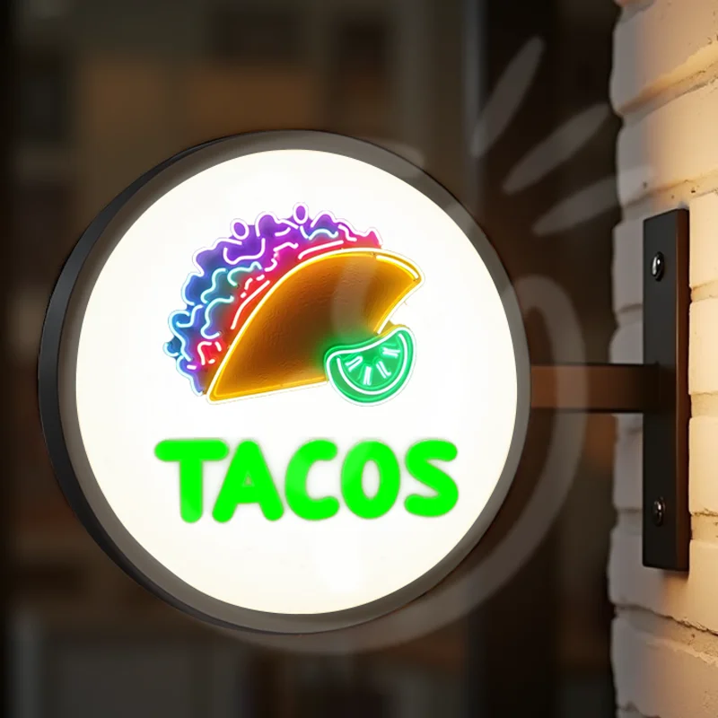 صندوق إضاءة تاكو مستدير من الأكريليك LED مخصص لواجهة المتجر مقاوم للماء على الوجهين لافتات أعمال خارجية مثبتة على الحائط