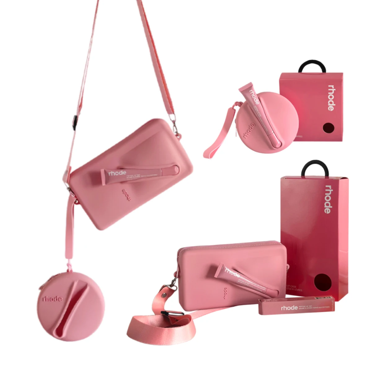 

2pc Authentic Phone Bag Set + Earphone Bag Rhode Lip Glaze Holder Women's Fashion Crossbody Silicone Phone Bag Set with Gift Box