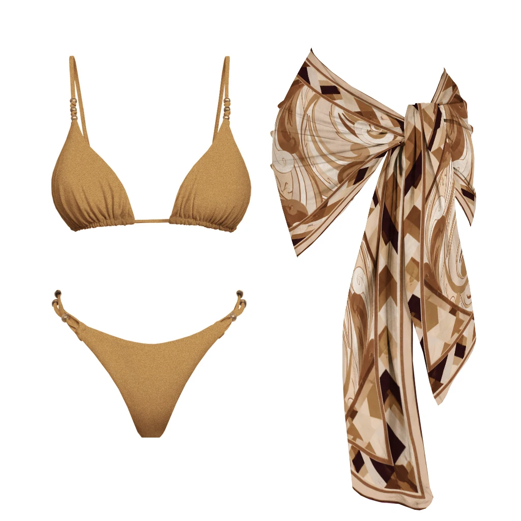 3-teiliger Sexy Bikini 2026 Damen Badeanzug Push-Up Bademode Bandeau Brasilianischer Biquini Bedruckter Sarong Badeanzug Strandkleidung