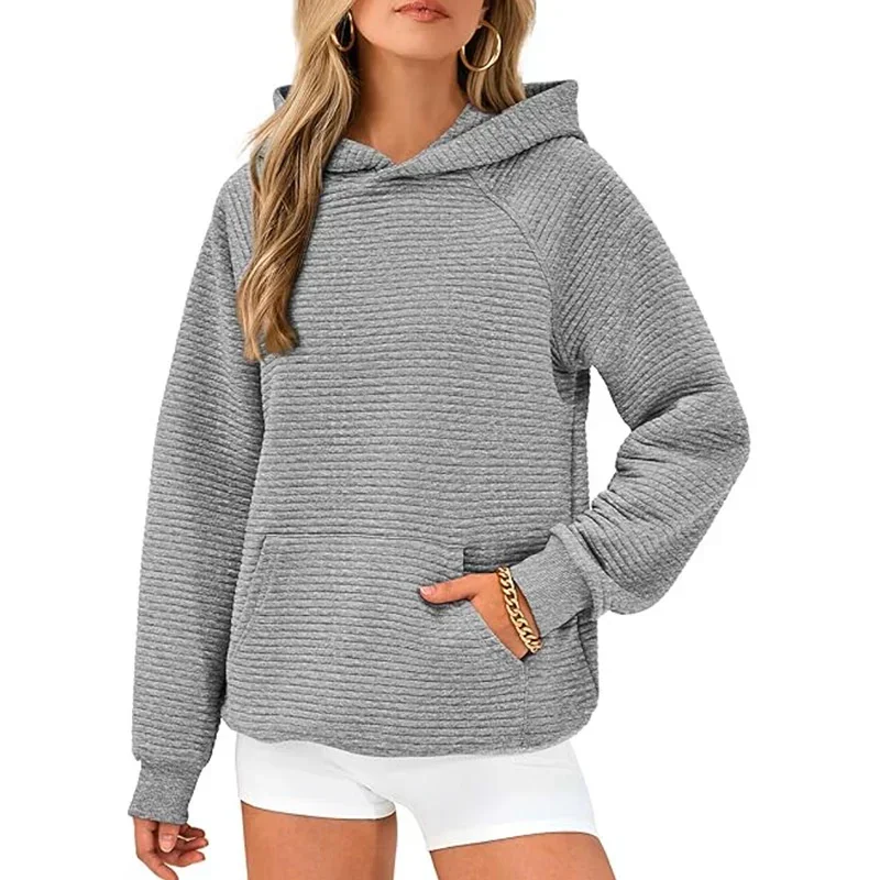 Autumn Winter Pitted Stripes Hooded Sweatshirt Women Comfortable Casual Hoodie Female Kangaroo Pocket Splice Pullover Outerwear