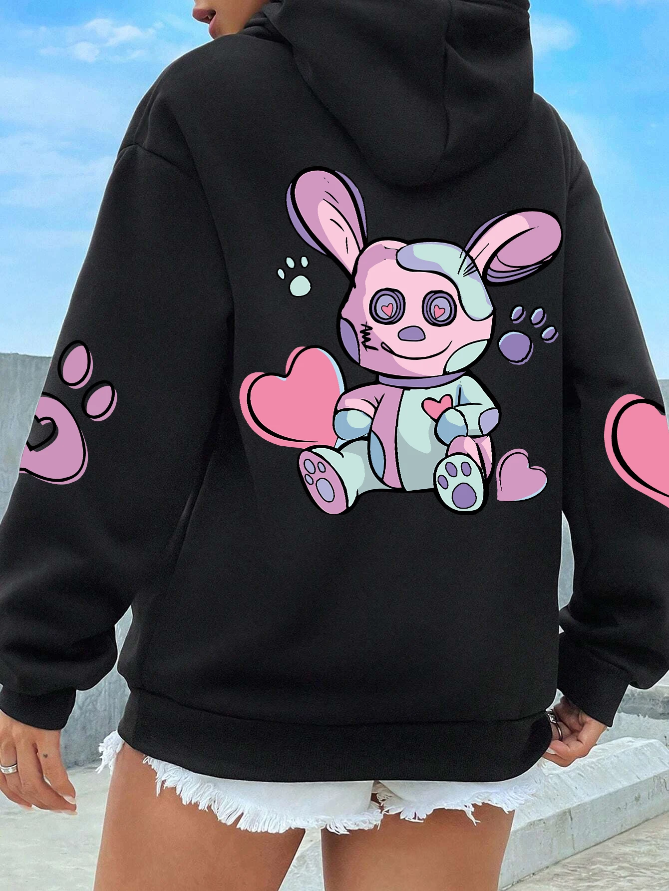 Hip Hop Street  Cute Rabbit Prints Female Sweatshirts Harajuku Fleece Hooded Fashion S-XXL Hoodies Loose Oversize Tops Women