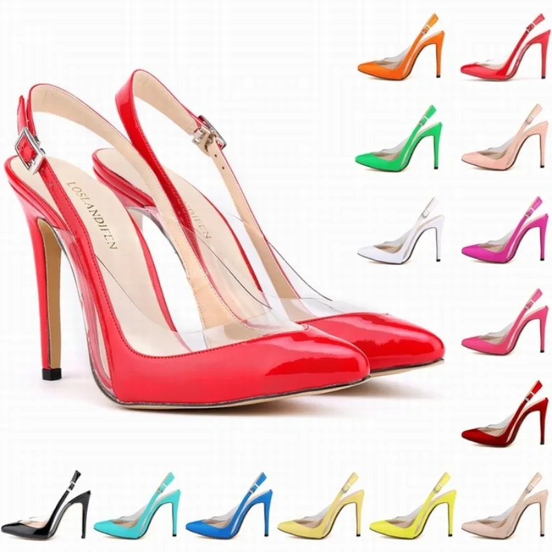 Loslandifen sandálias femininas stilettos verão tamanho grande 42 sexy transparente pvc apontou dedos fivela cinta sandália sapatos de casamento