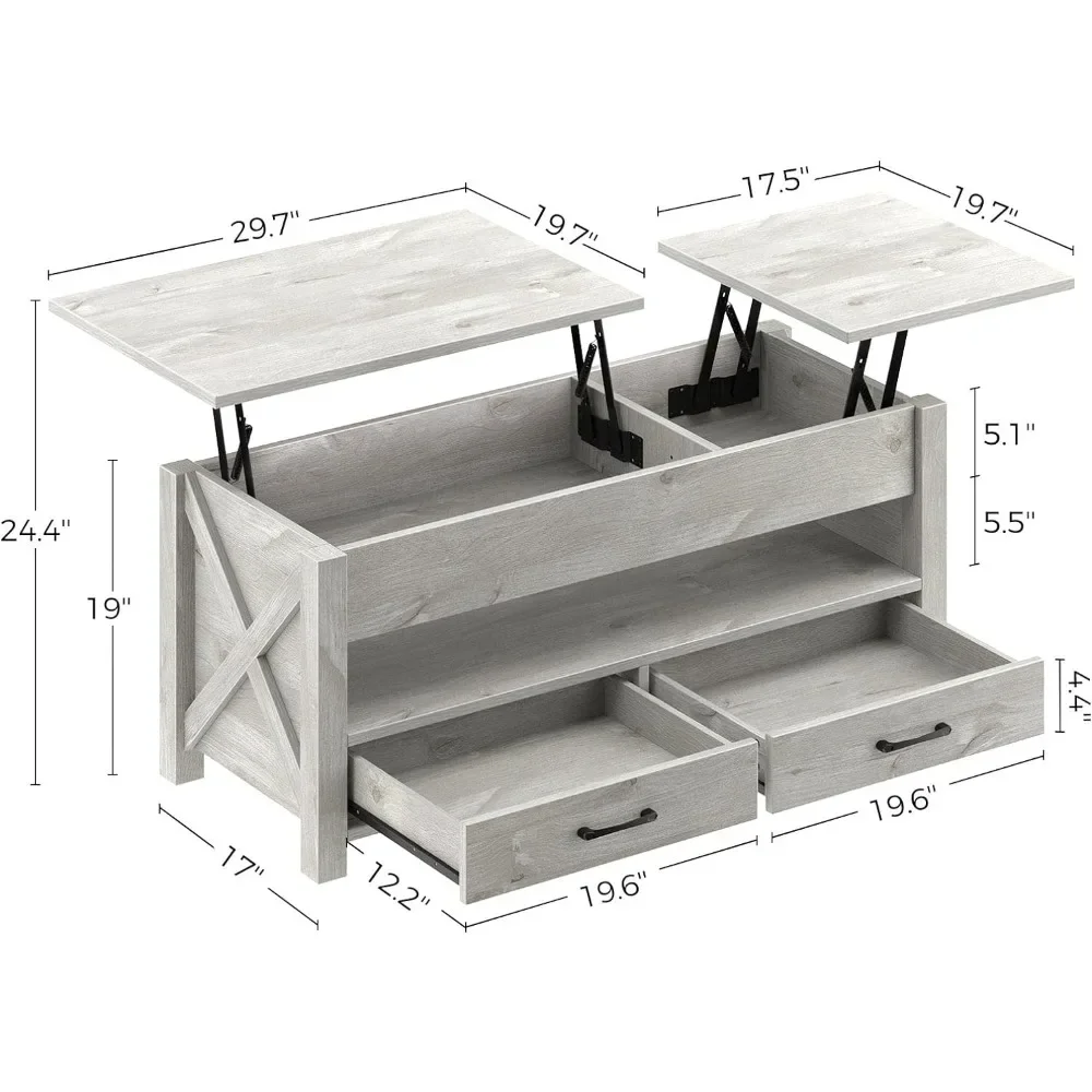 Coffee table with 2 storage drawers and concealed compartment, vintage central table with wooden raised top, grey