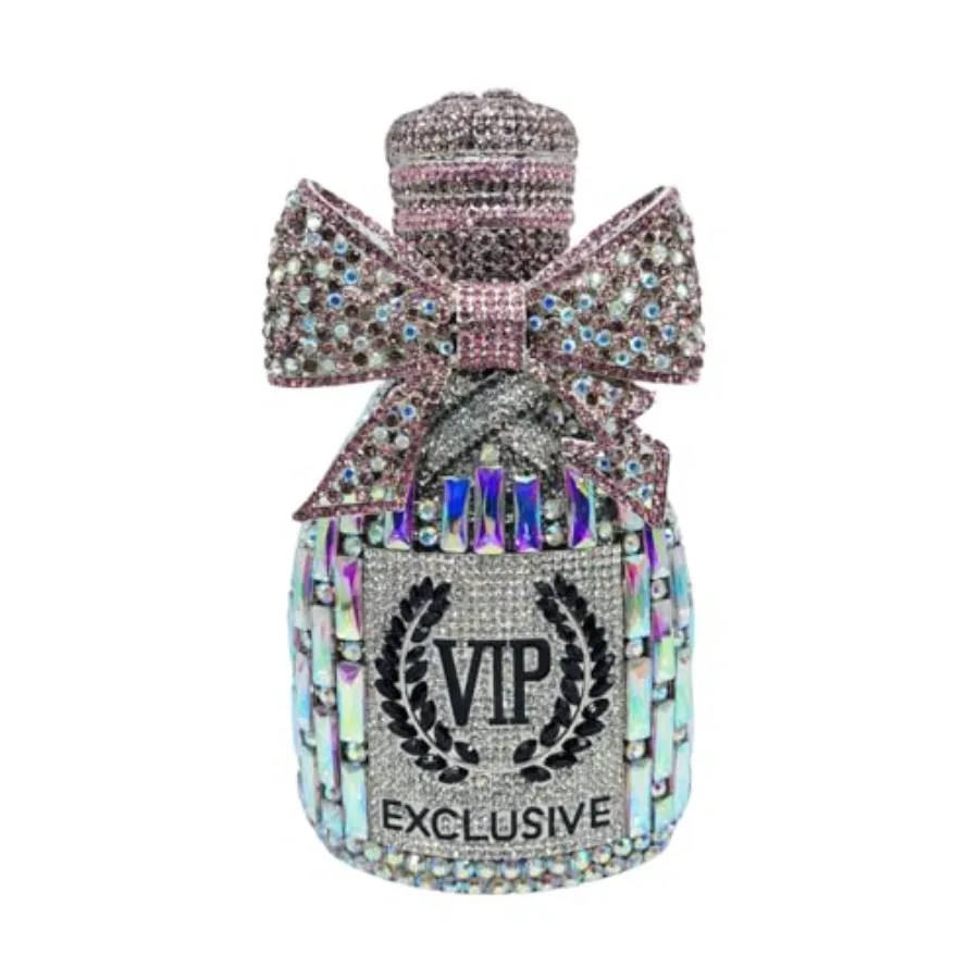 

Evening bag for party and cocktail events, champagne-colored rhinestone-embellished clutch with sweet bow and crystal details,