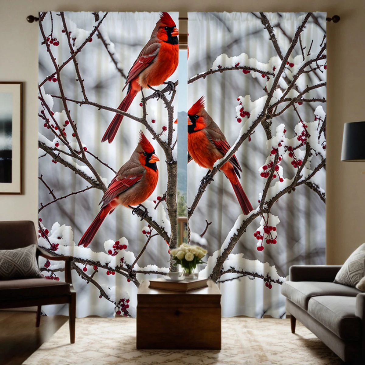 

2 pieces HD snow branches Magpie decorative curtain white tie digital printed curtain Home decoration style decoration living ro