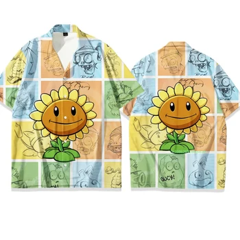 2024 novas plantas vs. zumbis impressão requintada masculina verão moda camisa de manga curta casual festa rua wear