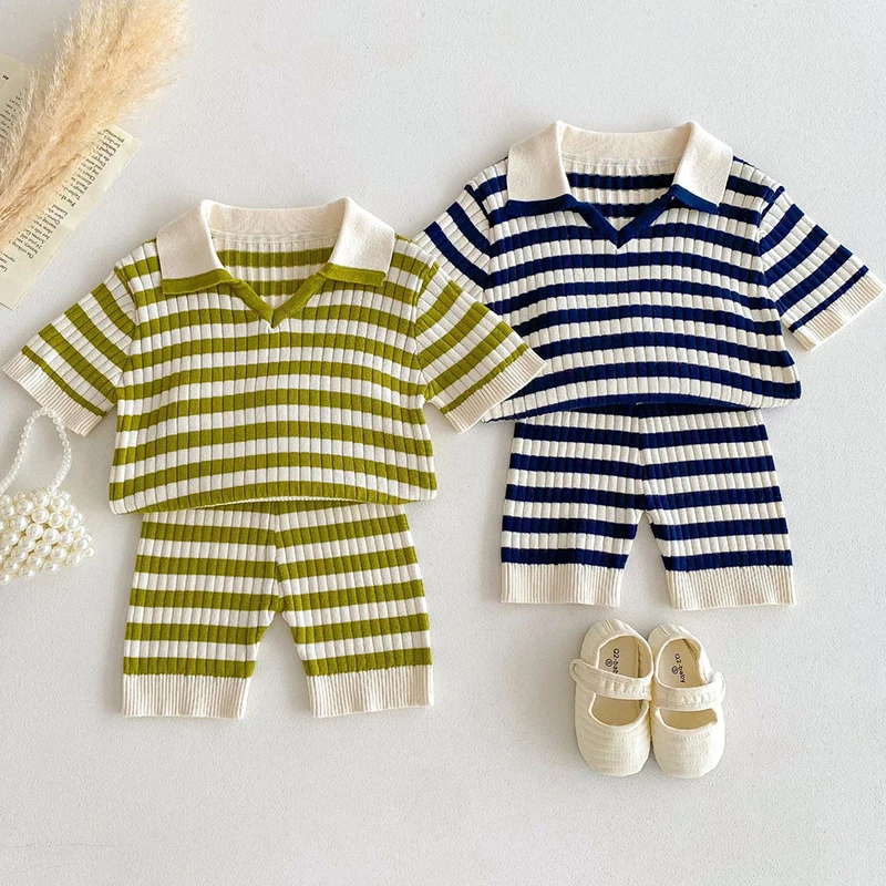 

Children's Summer Boys and Girls New Thin Striped Knitted Shirt Top Short sleeved Pullover+Knitted Striped Shorts Two-Piece