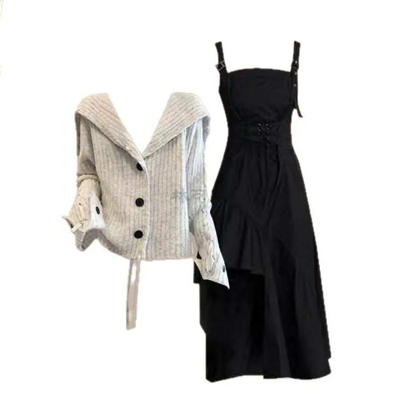

Autumn and Winter Temperament Set, Women's Lapel Knitted Sweater Paired with Hepburn Style Black Suspender Dress, Two-piece Set