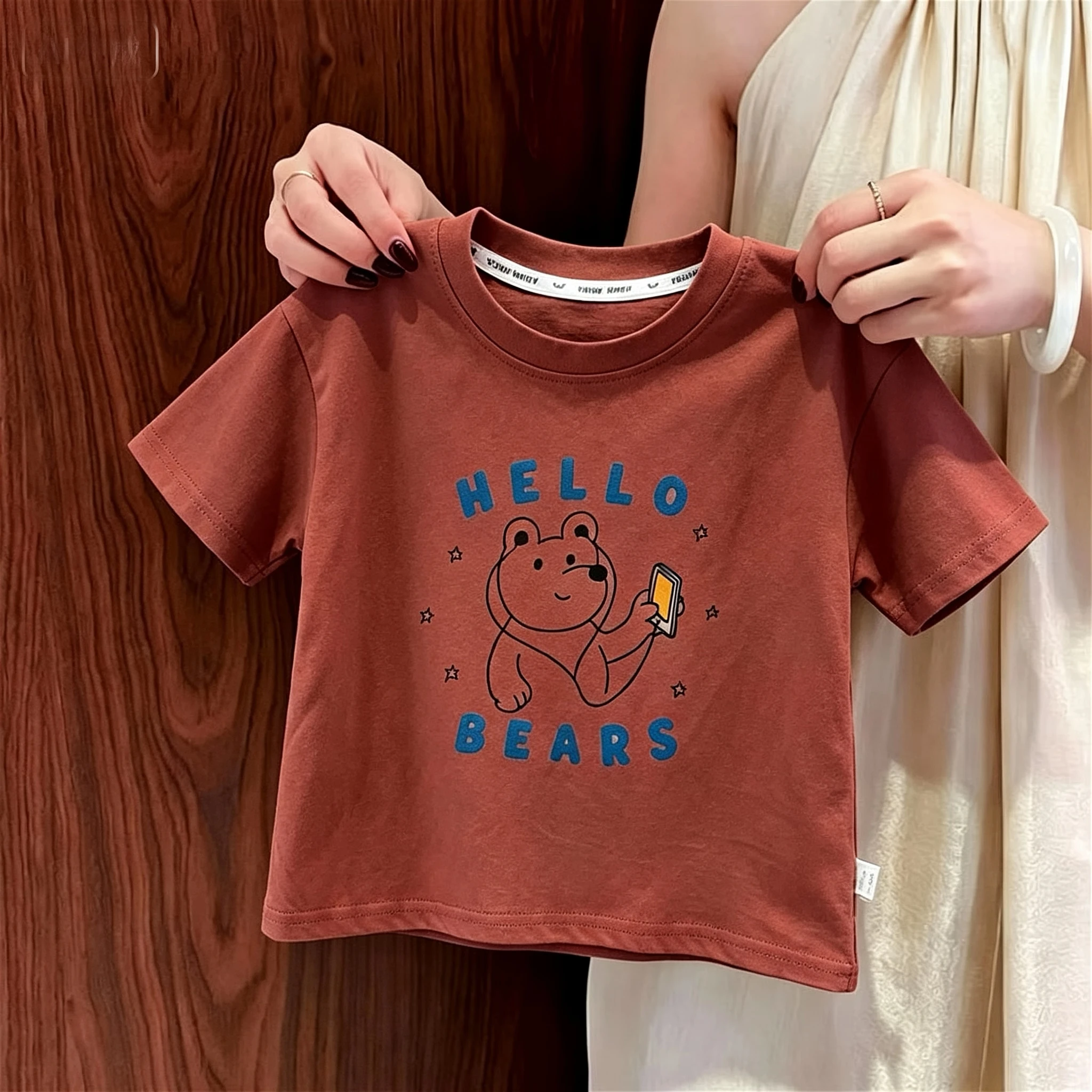 Solid Color Cartoon Printed Kids T-shirt Summer Clothing Simple Versatile Girls Boys Casual Tshirts Tops Short-sleeved Crewneck