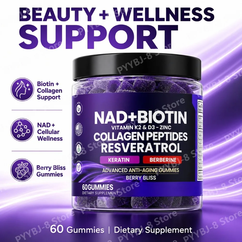 NAD+ Resveratrol Biotin Gummies, Collagen Keratin Zinc D3 K2 Blend, Berry Flavor for Hair Skin Beauty Wellness Support, 60 Count