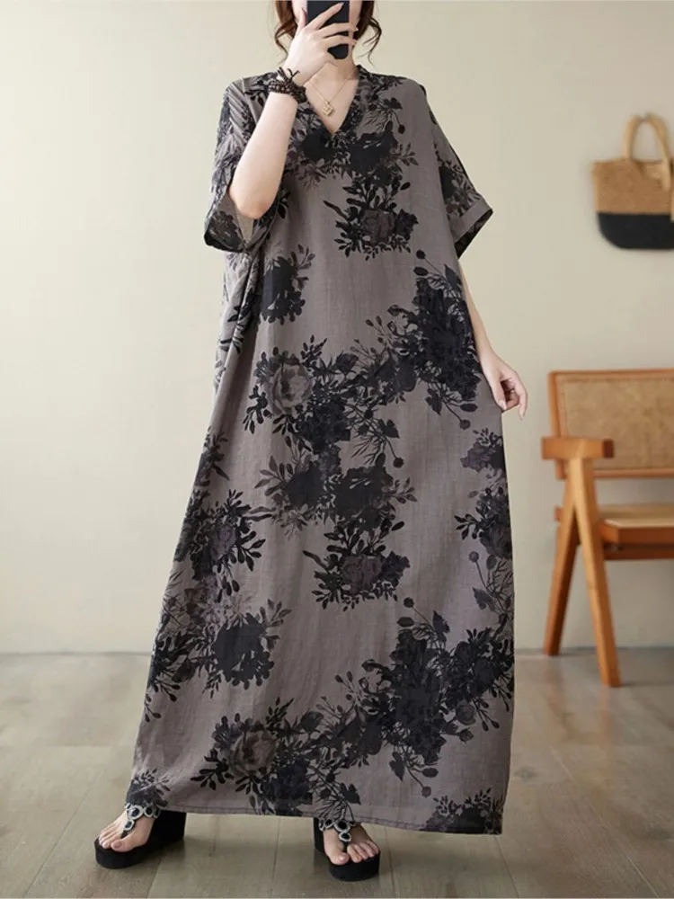 Oversized Summer Cotton Linen Long Floral Print Dress Women V-Neck Loose Pleated Fashion Ladies Dresses Short Sleeve Woman Dress