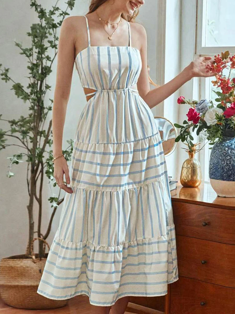 Korean Fashion Summer Long Dress Women Sleeveless Spaghetti Strap Tie-up Back Loose Dress Harajuku Vintage Cutout Dress Sundress