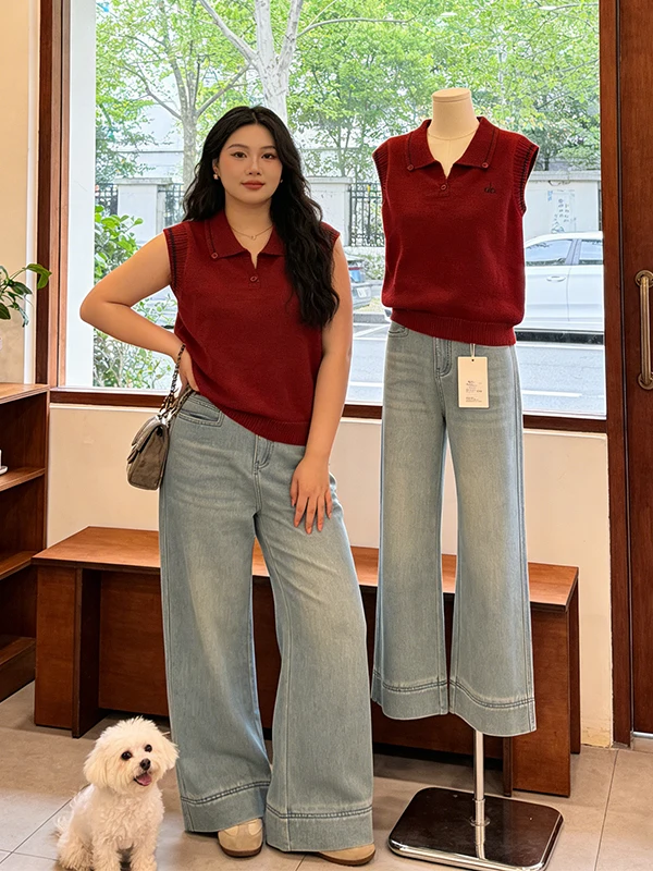 

plus Size Red Knitted Collared Sleeveless Top Summer 2026 New Style Slimming Age-Defying Versatile Small Shirt Korean Style C...